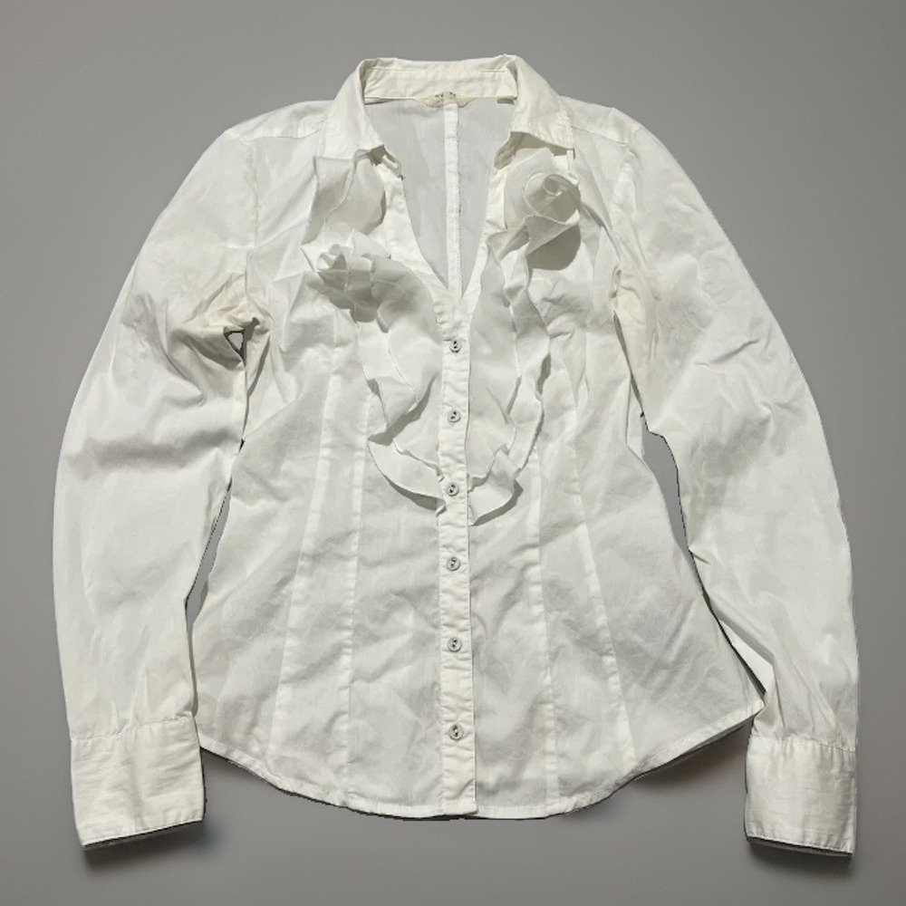 Y2K Guess Womens White Fitted Ruffle Deep V-Neck Smocked Back Button Up Shirt S